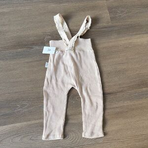 NWT Beige baby girl cotton ribbed lace trim pants with suspenders